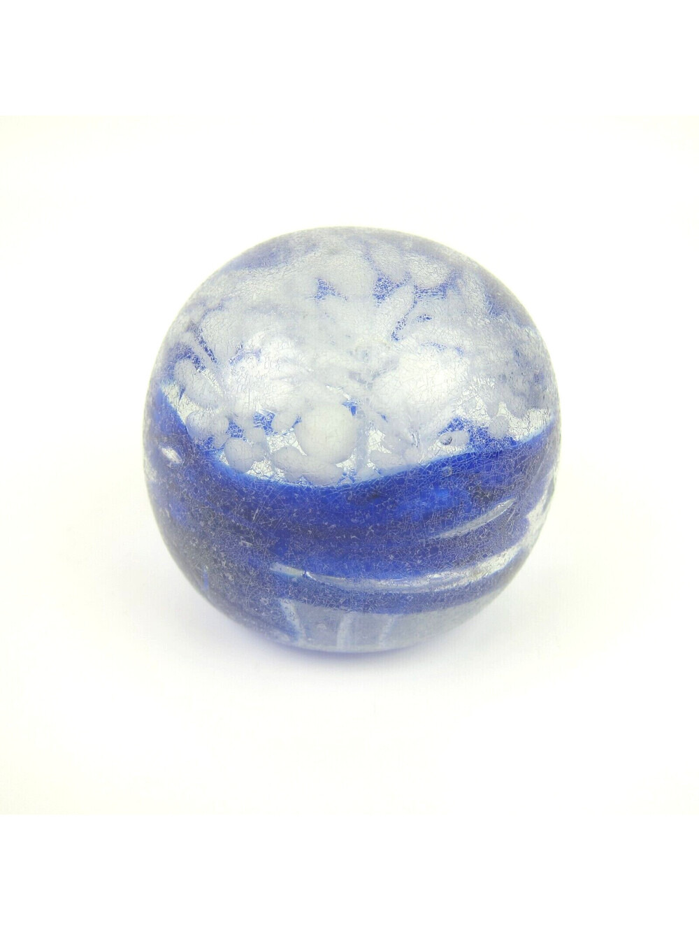 Vintage Art Glass Paperweight Crazed Blue Swirl White Flowers Hand Blown Round